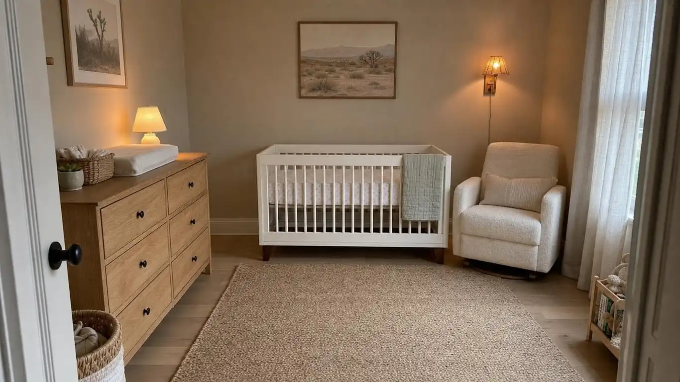 Convertible crib centered on the longest wall in a small nursery with raw oak dresser and boucle glider in the corner