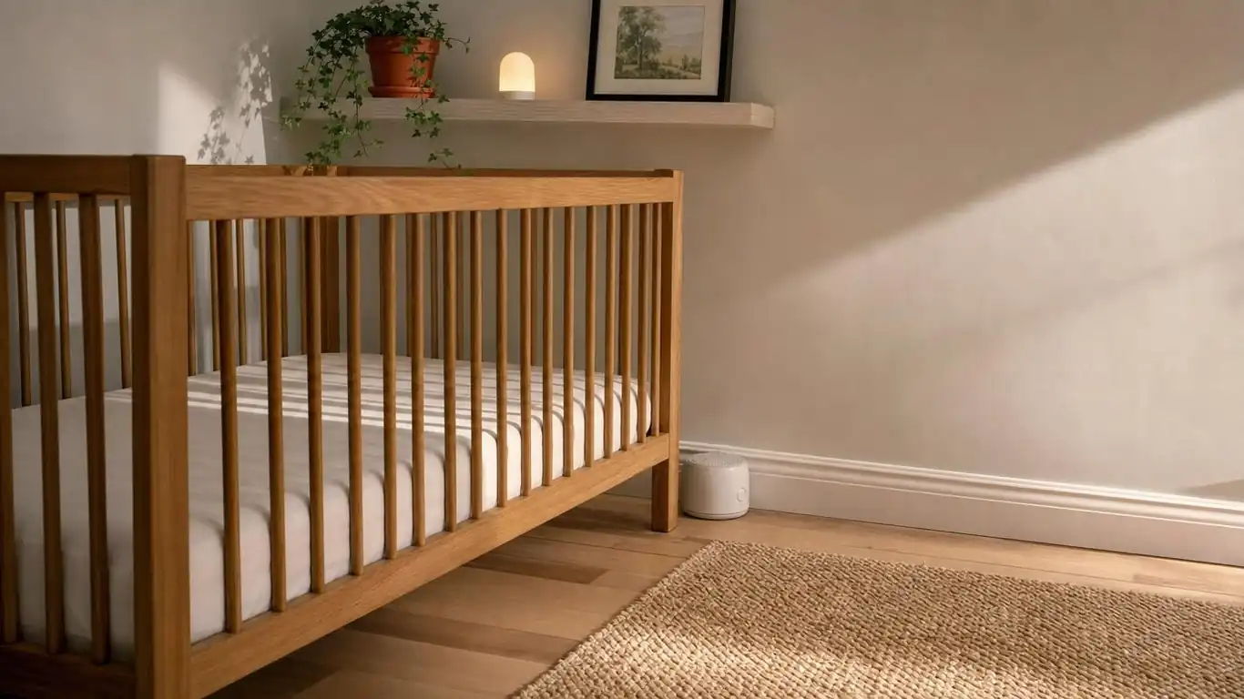 Corner crib placement in a small nursery with a floating shelf above holding a plant, nightlight, and framed print