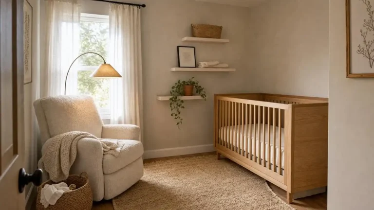 A small gender neutral nursery with warm greige walls, raw oak corner crib, cream linen glider, and floating shelves
