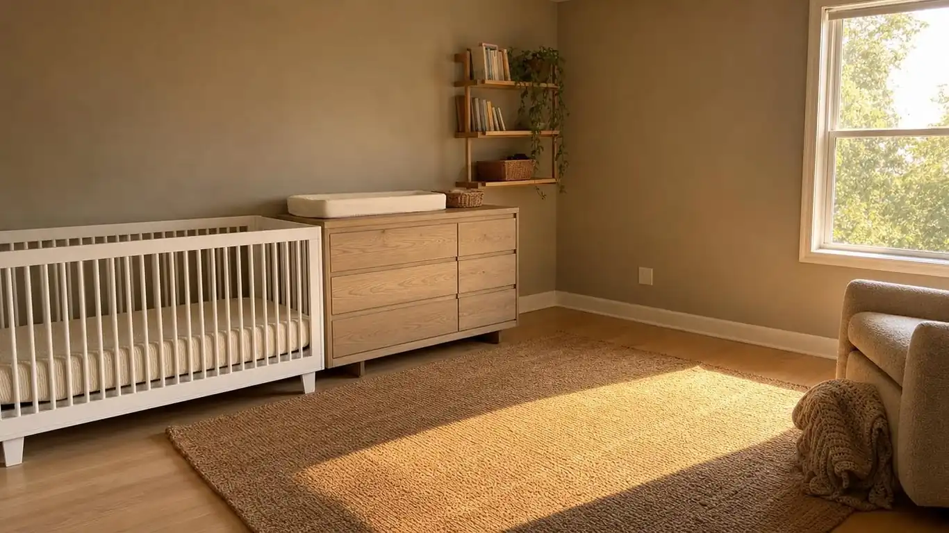 Linear nursery layout with crib, dresser, and shelving along one wall, leaving the opposite wall completely clear