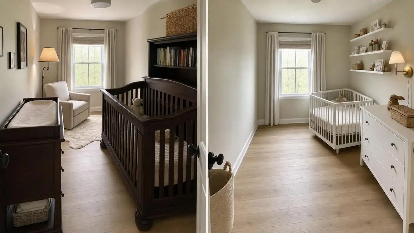 Side-by-side comparison of a crowded small nursery versus a well-arranged gender neutral nursery with open floor