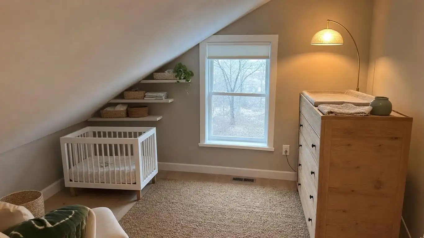Small nursery with a slanted ceiling using a mini crib and floating shelves to maximize a very tight space