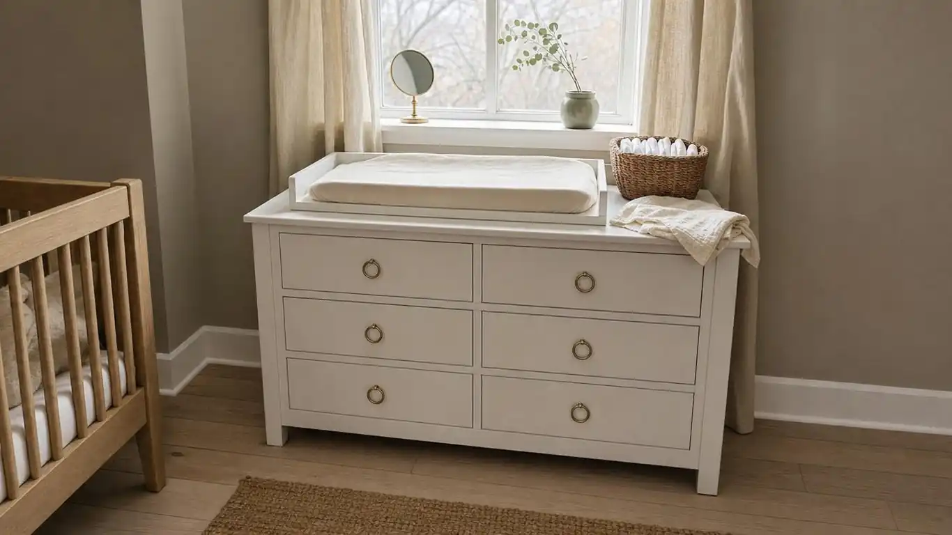 Wide dresser centered under window in a gender neutral nursery with soft sheer curtain and changing topper on top