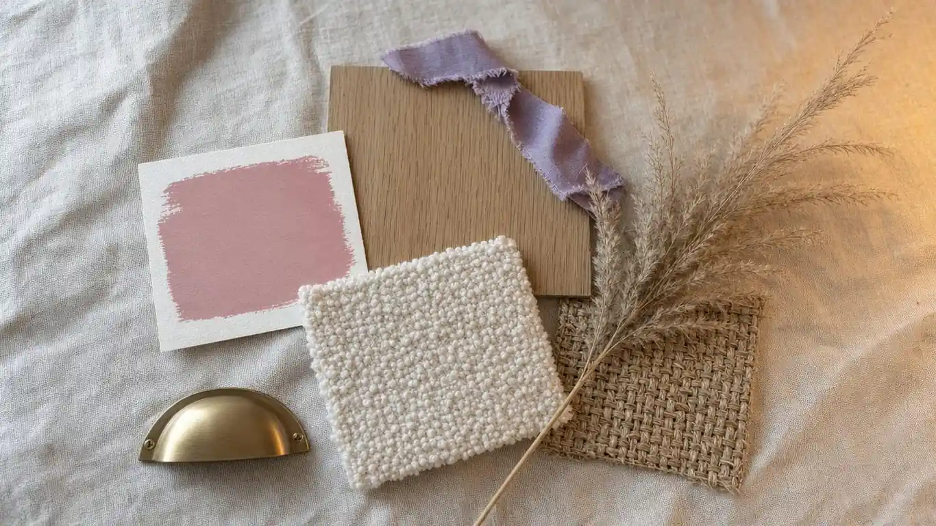 Girl nursery color palette mood board showing dusty rose, warm cream, soft sage, and brushed brass accent tones