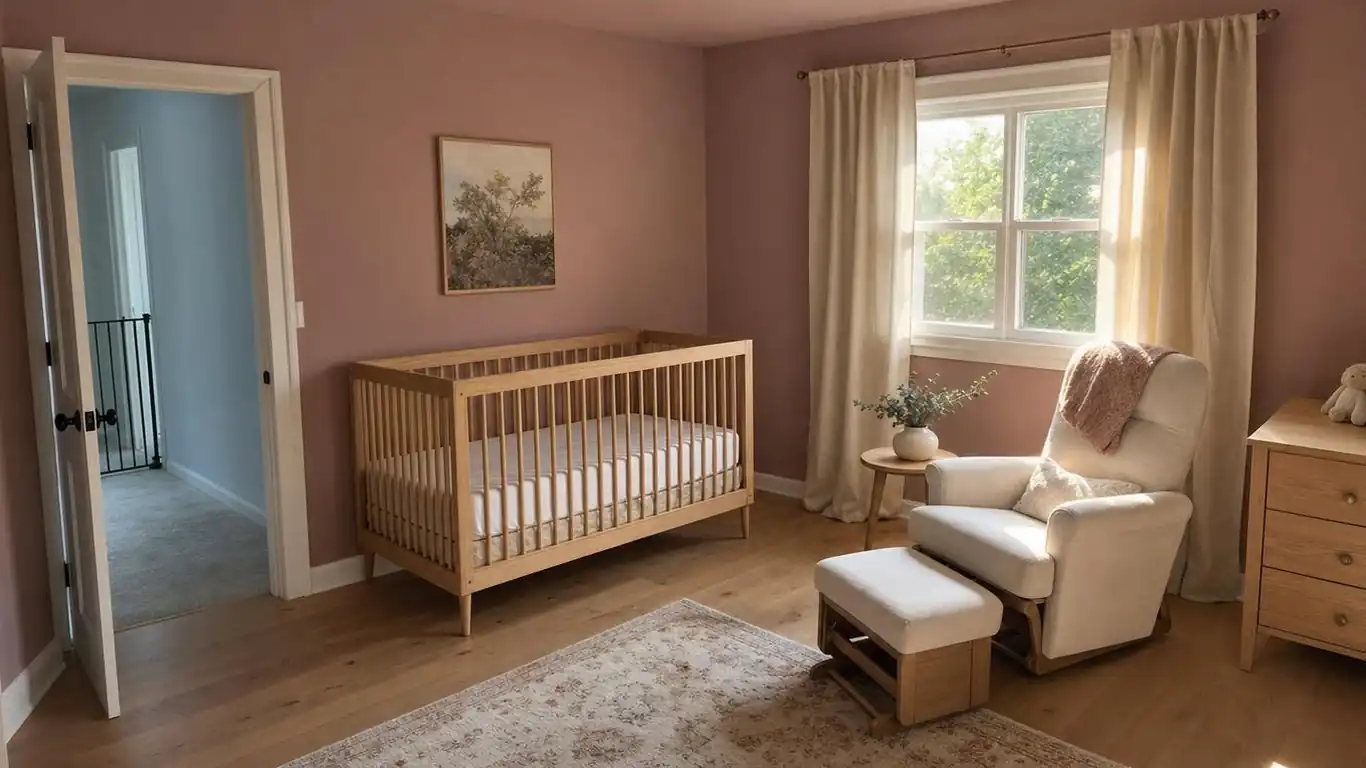 Girl nursery showing well-spaced glider with clearance, properly mounted curtain rod, and uncluttered crib interior