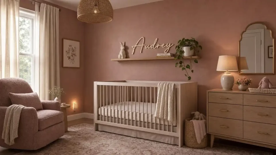 Soft girl nursery with dusty rose walls, raw oak convertible crib, cream linen curtains, and brushed brass pendant light