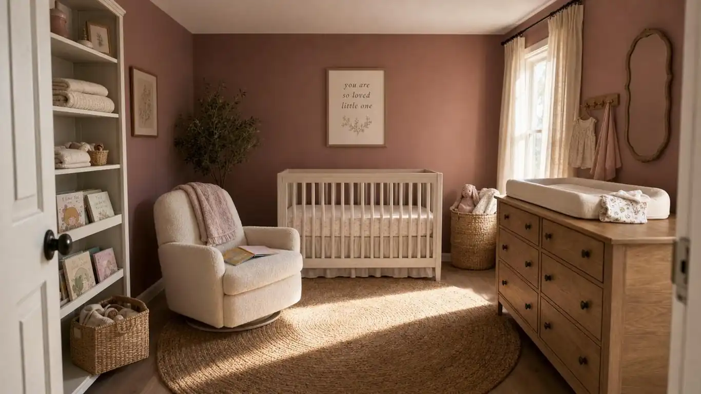 Timeless girl nursery layout with white ash crib, wide oak dresser, and linen glider in a soft blush room