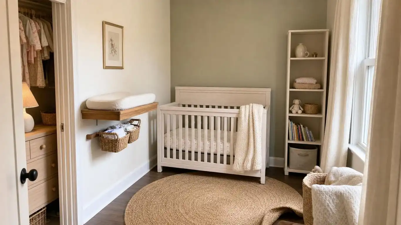 Small girl nursery under 120 square feet with wall-mounted changing shelf, tall bookcase, and round jute rug