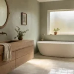 Sage green bathroom with a floating oak vanity, brushed brass fixtures, cream zellige tiles, and warm afternoon light