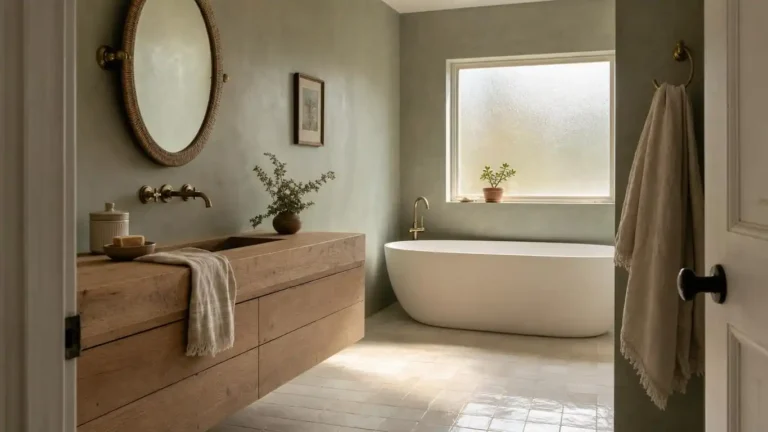 Sage green bathroom with a floating oak vanity, brushed brass fixtures, cream zellige tiles, and warm afternoon light