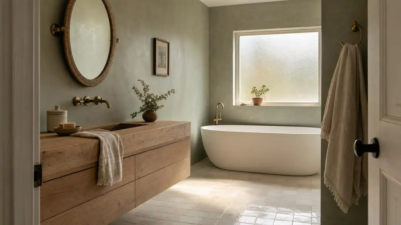 Sage green bathroom with a floating oak vanity, brushed brass fixtures, cream zellige tiles, and warm afternoon light