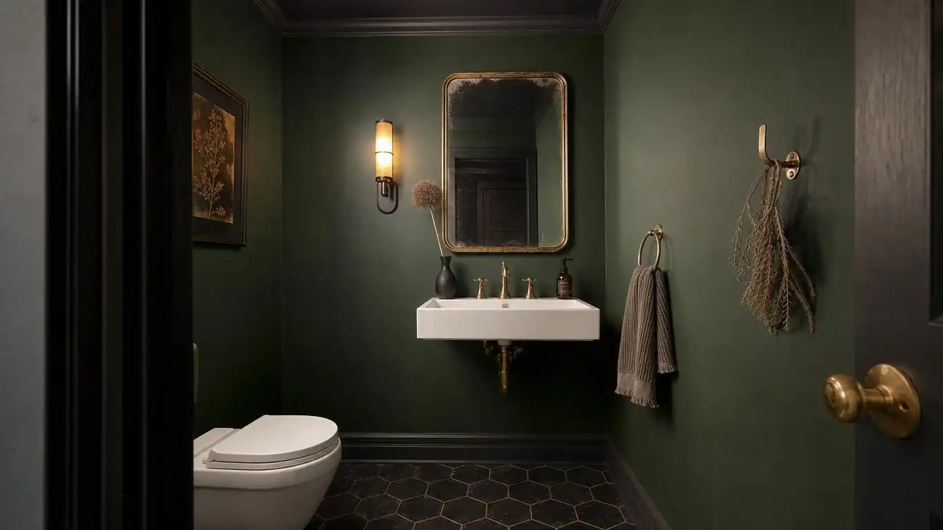 Dramatic forest green powder room with unlacquered brass fixtures, dark hexagonal floor tile, and amber wall sconce
