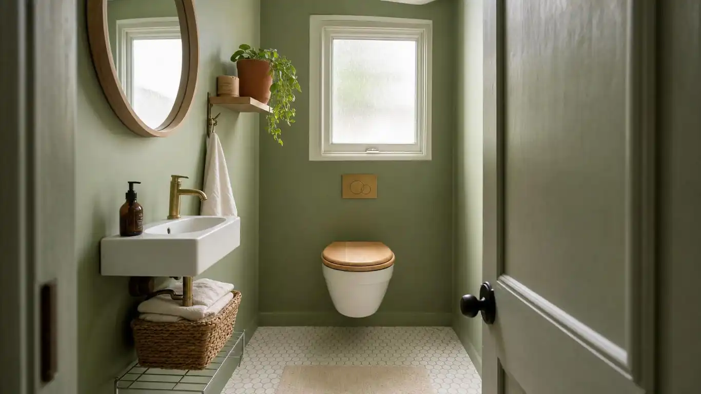 Small sage green bathroom showing how the muted shade keeps a compact space feeling open and calm