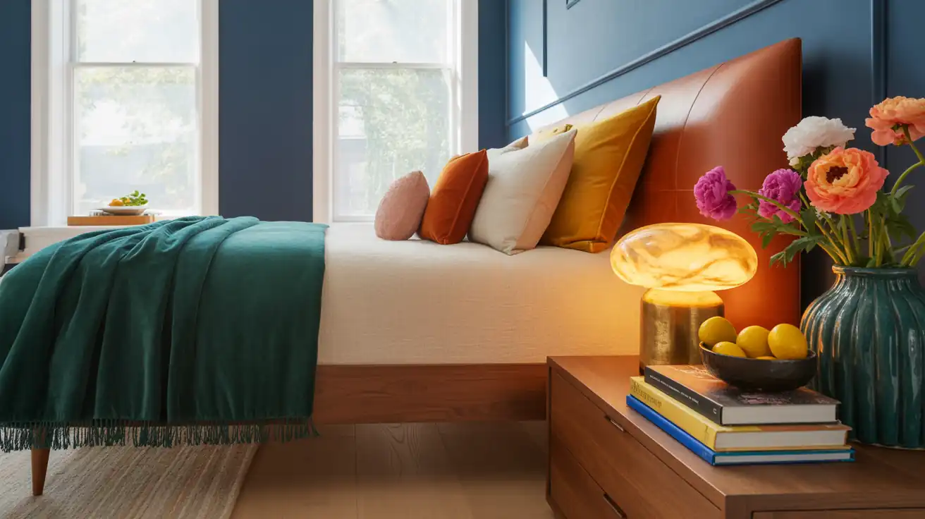 Minimalist, grounded bedroom layout featuring deep navy walls, clear floor space, and warm wood accents.