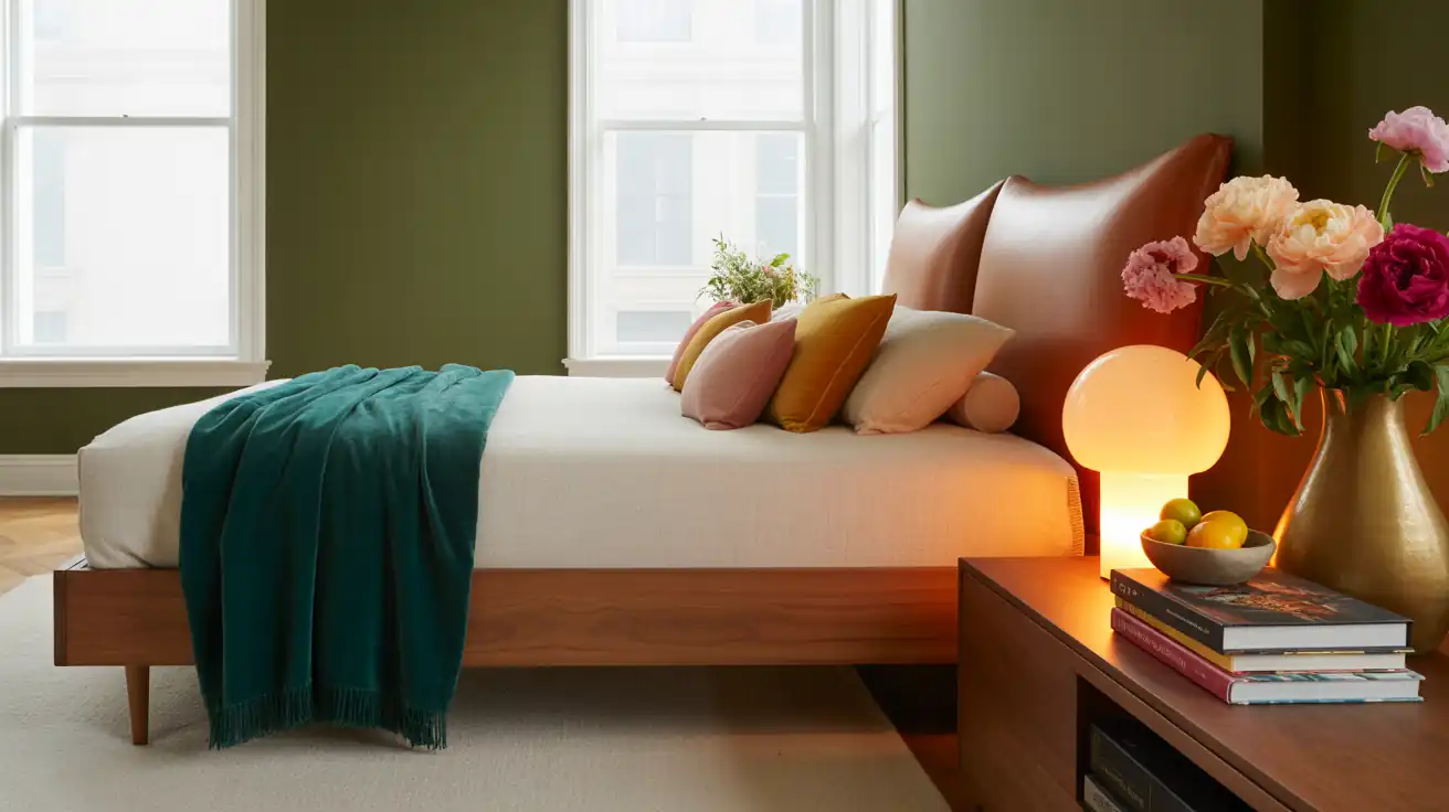 Minimalist, grounded bedroom layout featuring deep olive walls, clear floor space, and warm wood accents.
