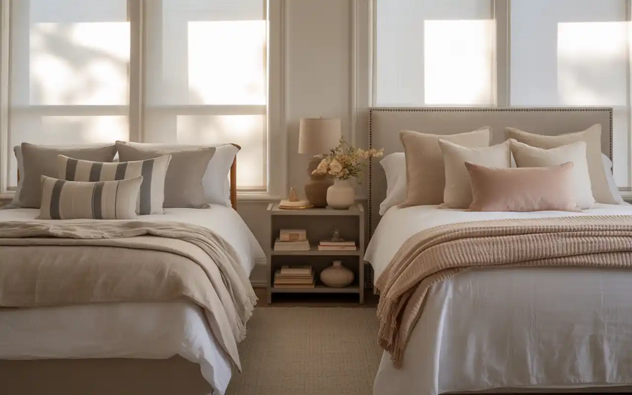 Minimalist layout of a shared sister bedroom with an emphasis on clean lines and open floor space.