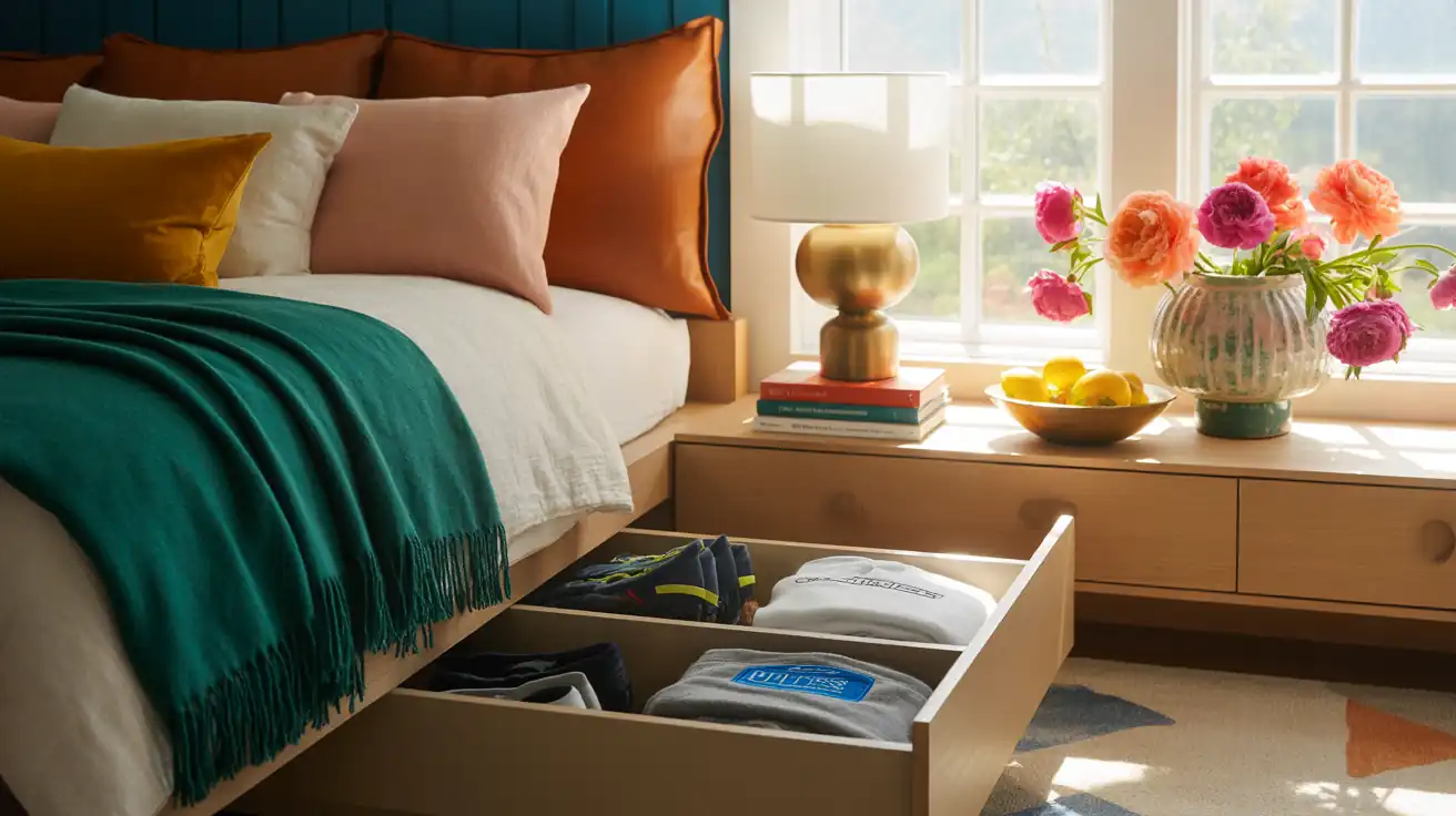 Seamless under-bed storage drawers built into a modern platform bed, hiding sports equipment and clothing.