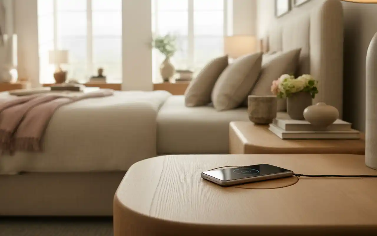 Sleek floating soft oak nightstand with an integrated, flush wireless phone charger and no visible cords.