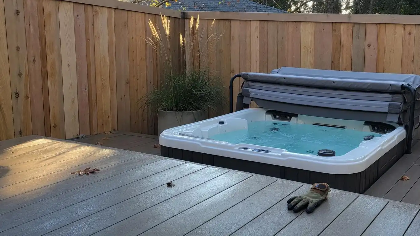 Corner hot tub install with L-shaped composite deck and cedar fence privacy screen in a suburban backyard