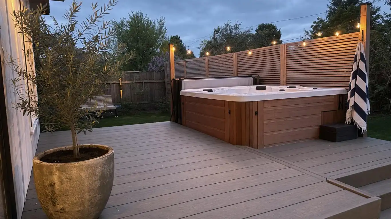 Hot tub set into a composite deck with slatted cedar privacy screen and string lights overhead at dusk