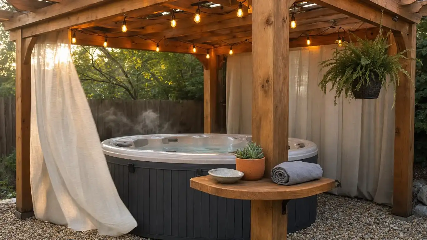 Hot tub backyard setup under a cedar pergola with outdoor curtain panels and warm Edison bulb lighting