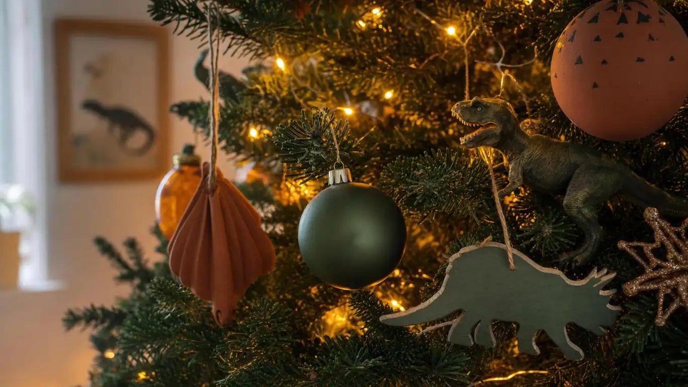 Close-up of kids Christmas tree branches with dinosaur ornaments in matte forest green, terracotta, and warm amber LED string lights