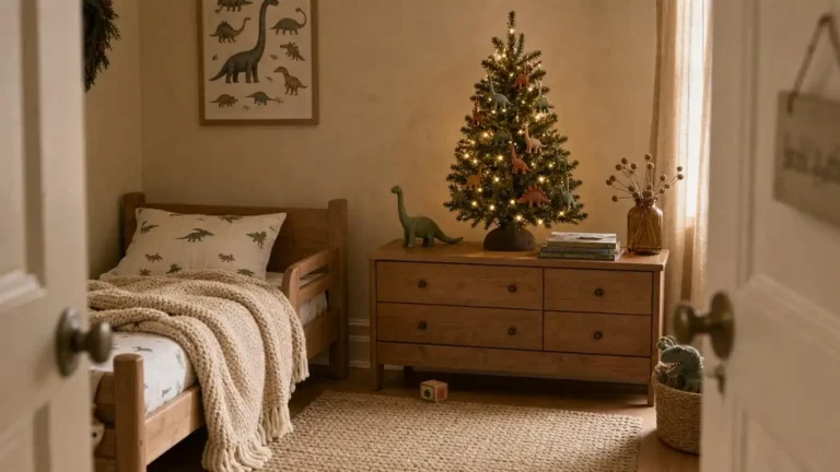 Dinosaur-themed kids Christmas tree with matte green and terracotta ornaments, amber LED lights, and dino topper on a child's bedroom dresser