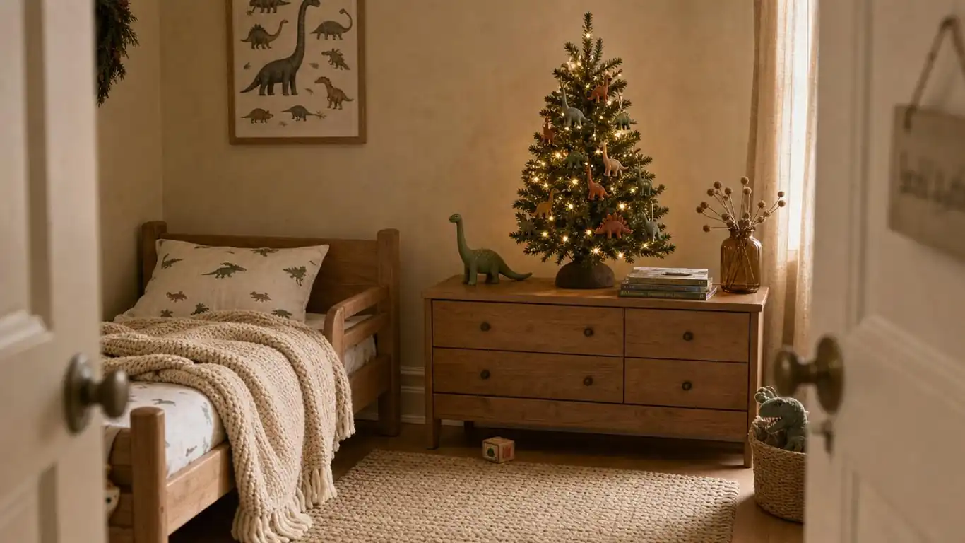 Dinosaur-themed kids Christmas tree with matte green and terracotta ornaments, amber LED lights, and dino topper on a child's bedroom dresser