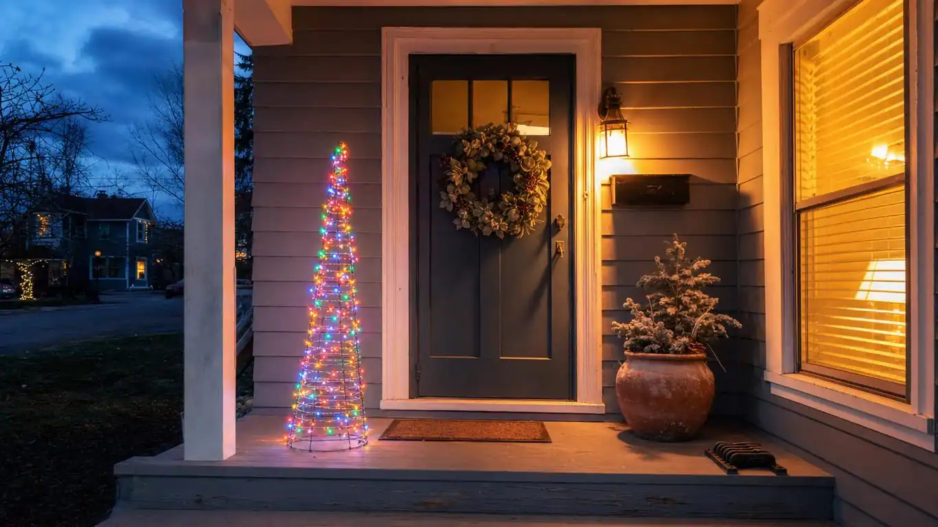 Outdoor wire-frame kids Christmas tree wrapped in multicolor LED lights on a front porch decorated for the holiday season