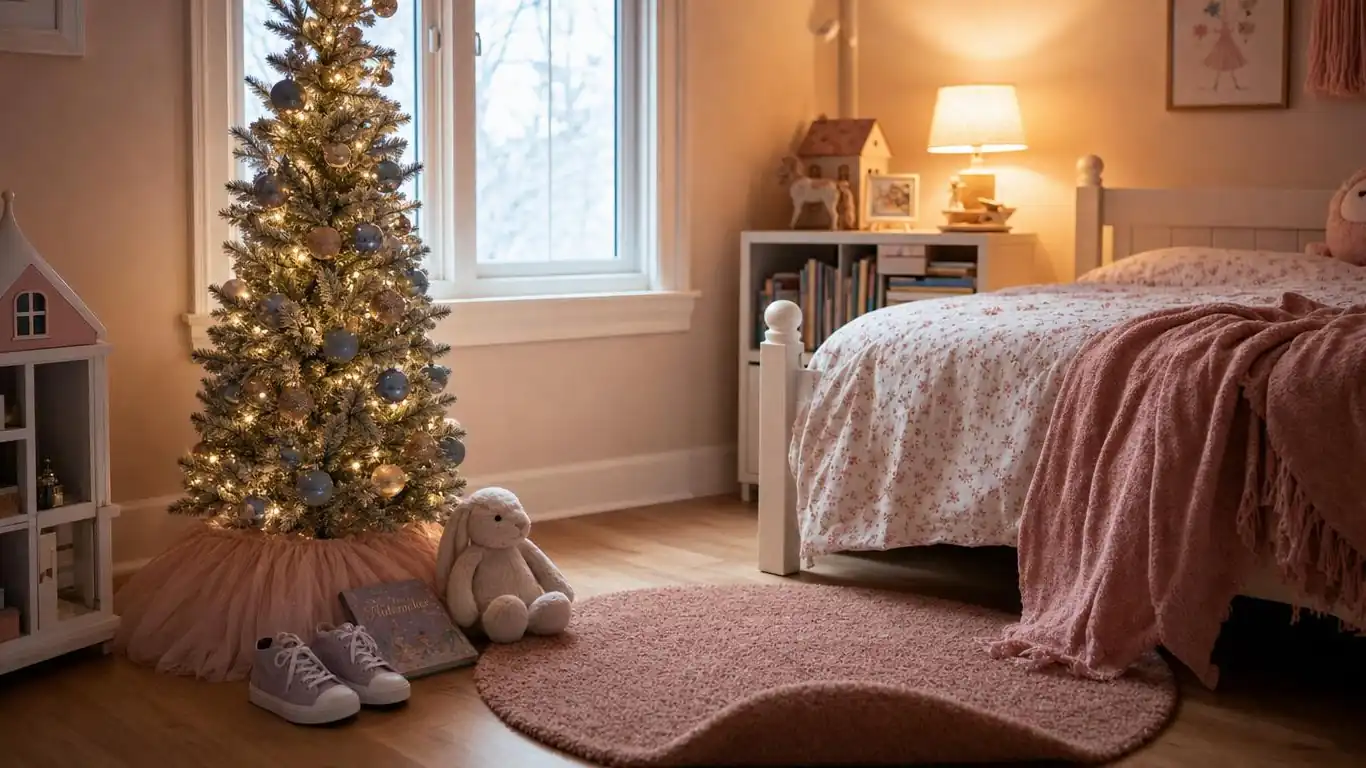 Fairy tale princess kids Christmas tree with dusty periwinkle and antique gold ornaments, pink tutu skirt base, and warm white lights