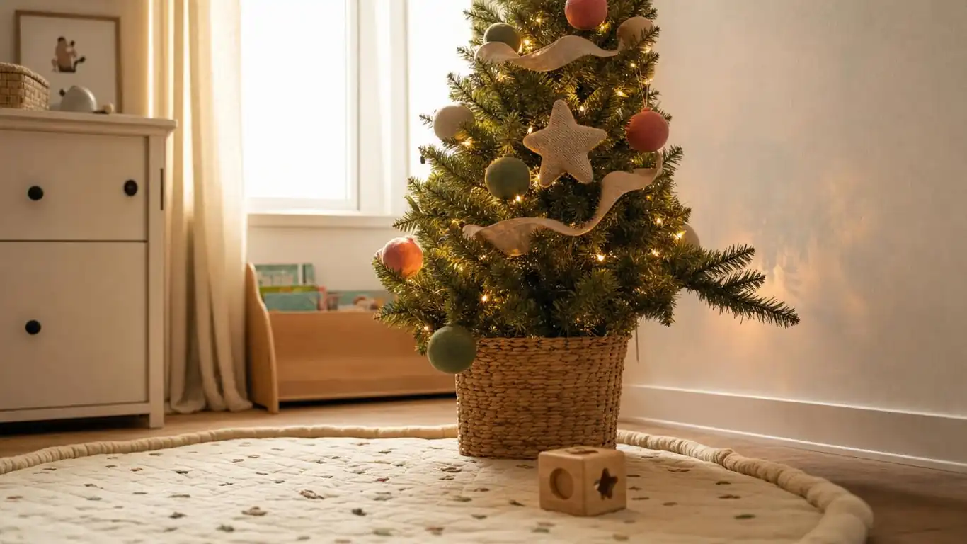 Sensory-safe toddler Christmas tree with soft felt ornaments only, no tinsel, secured against a bedroom wall with clear fishing line