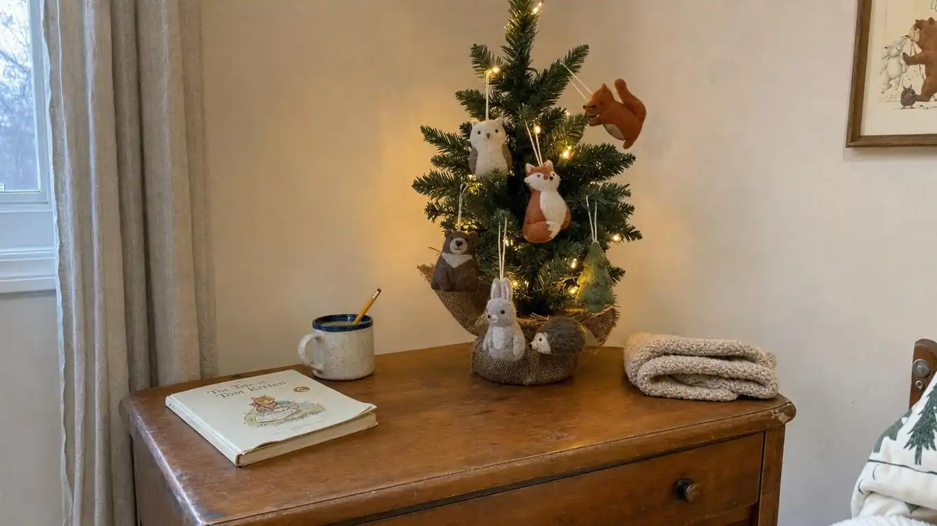 Small tabletop kids Christmas tree with soft felt woodland animal ornaments and warm white lights on a wooden dresser in a child's bedroom