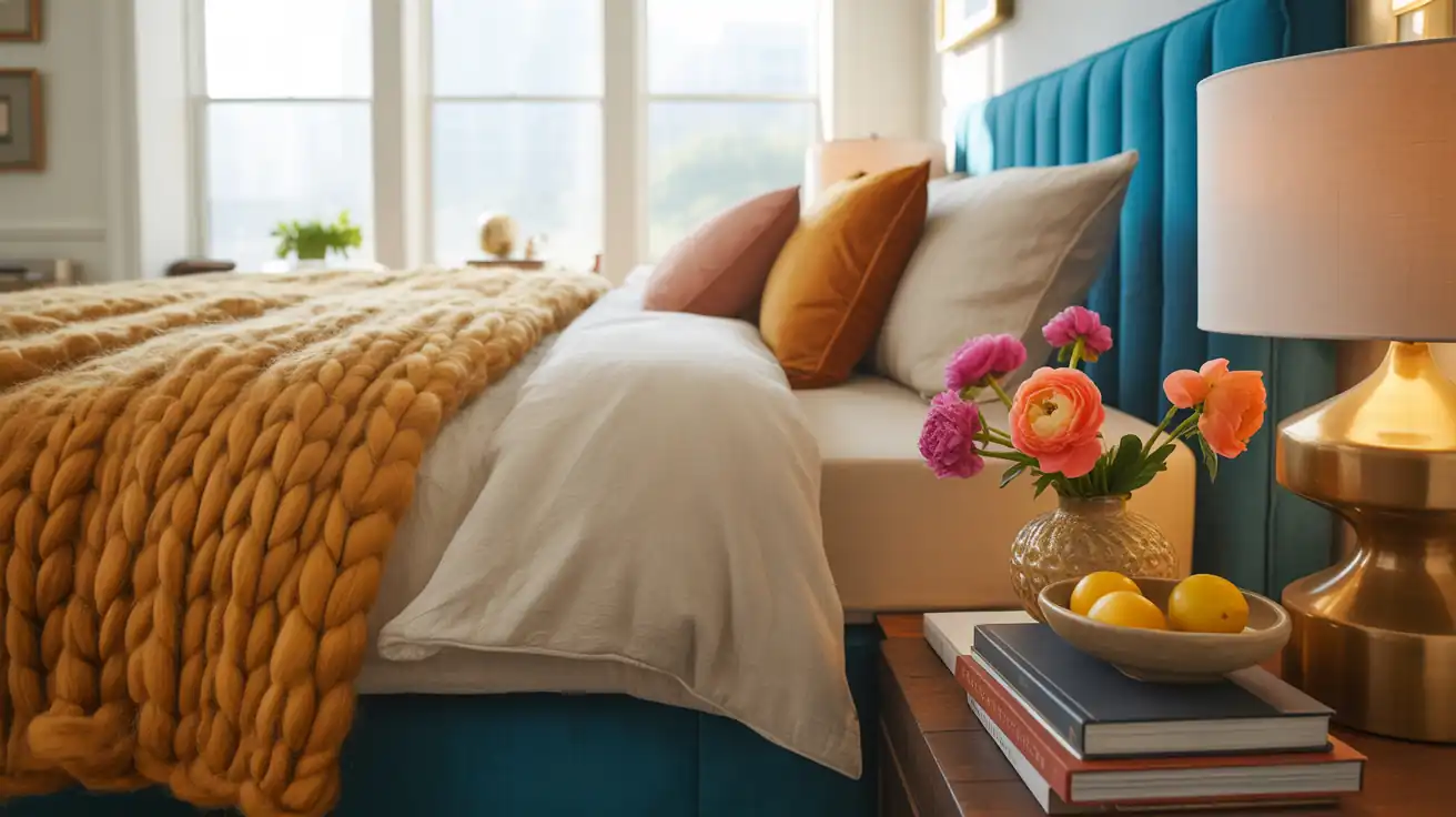 Close-up of intensely layered, luxurious bedding featuring a chunky knit throw, washed linen, and tufted pillows.