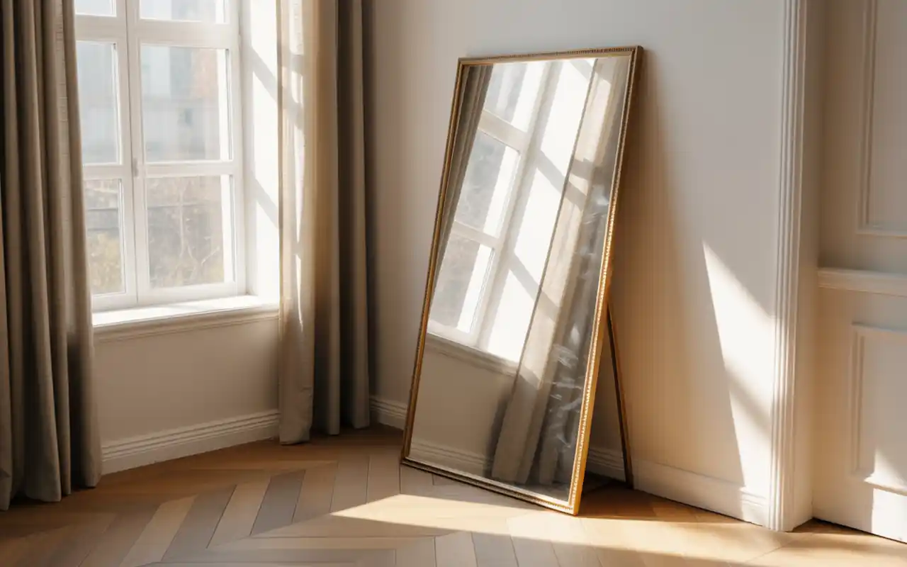 Oversized leaning floor mirror with a thin brass frame expanding a tiny bedroom visually.