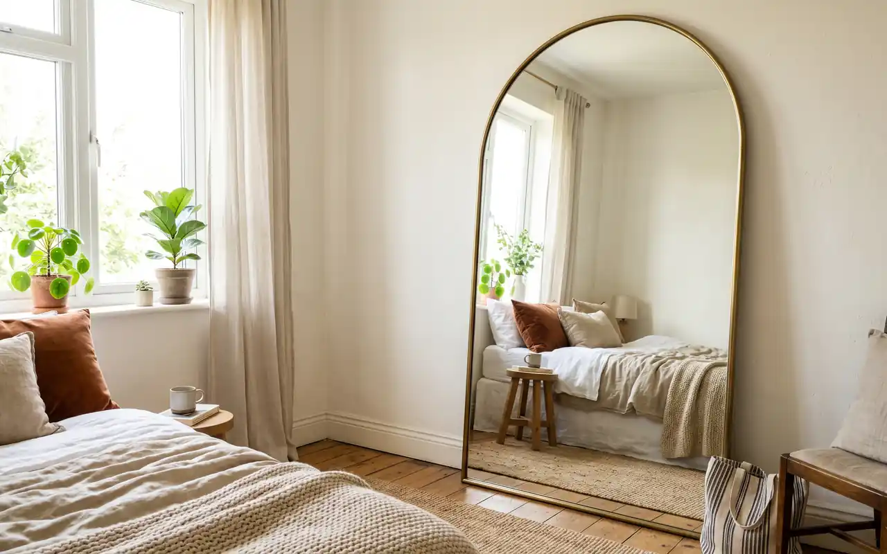 Oversized leaning floor mirror with a thin matte black frame placed opposite a bedroom window.