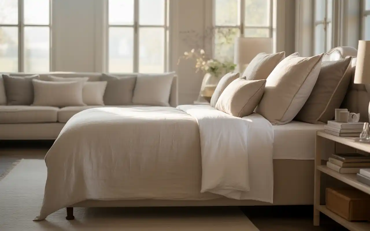 Single bed arranged sideways against a wall, piled with oversized velvet and linen pillows to mimic a sofa.