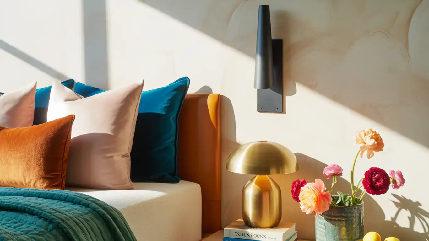 Sleek, matte black architectural wall sconce mounted against a highly textured, warm greige limewash bedroom wall.