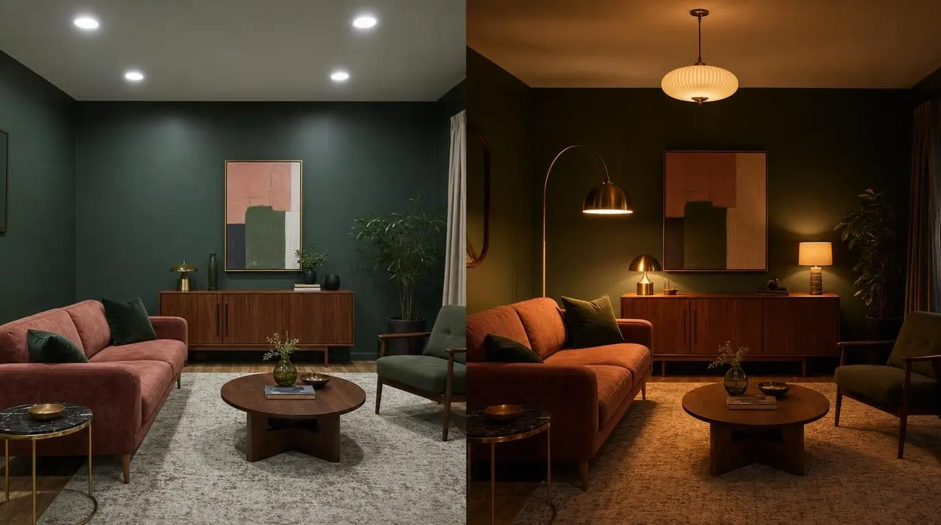Moody mid-century modern living room showing correct layered lamp lighting versus flat overhead lighting in dark palette spaces