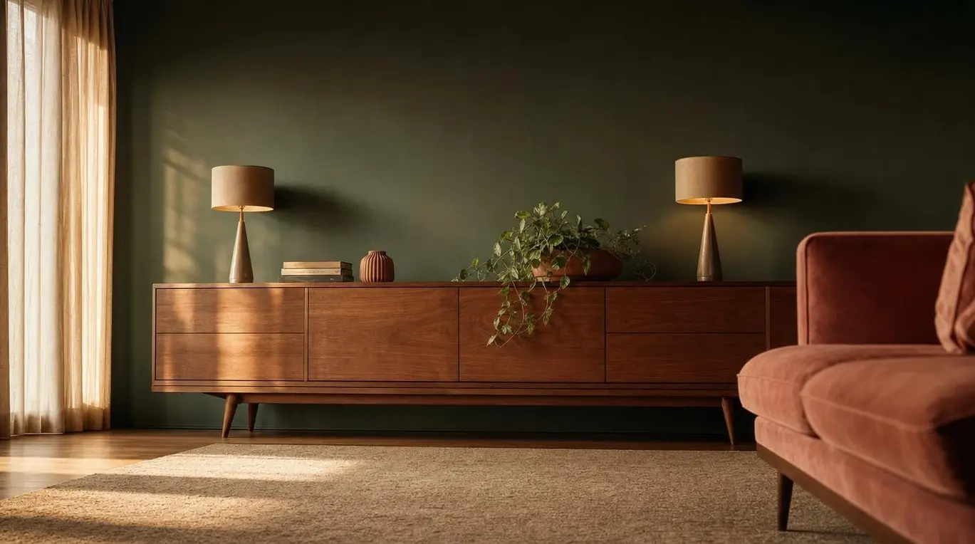 Mid-century modern living room with deep forest green walls and low-profile walnut furniture creating a warm, moody atmosphere