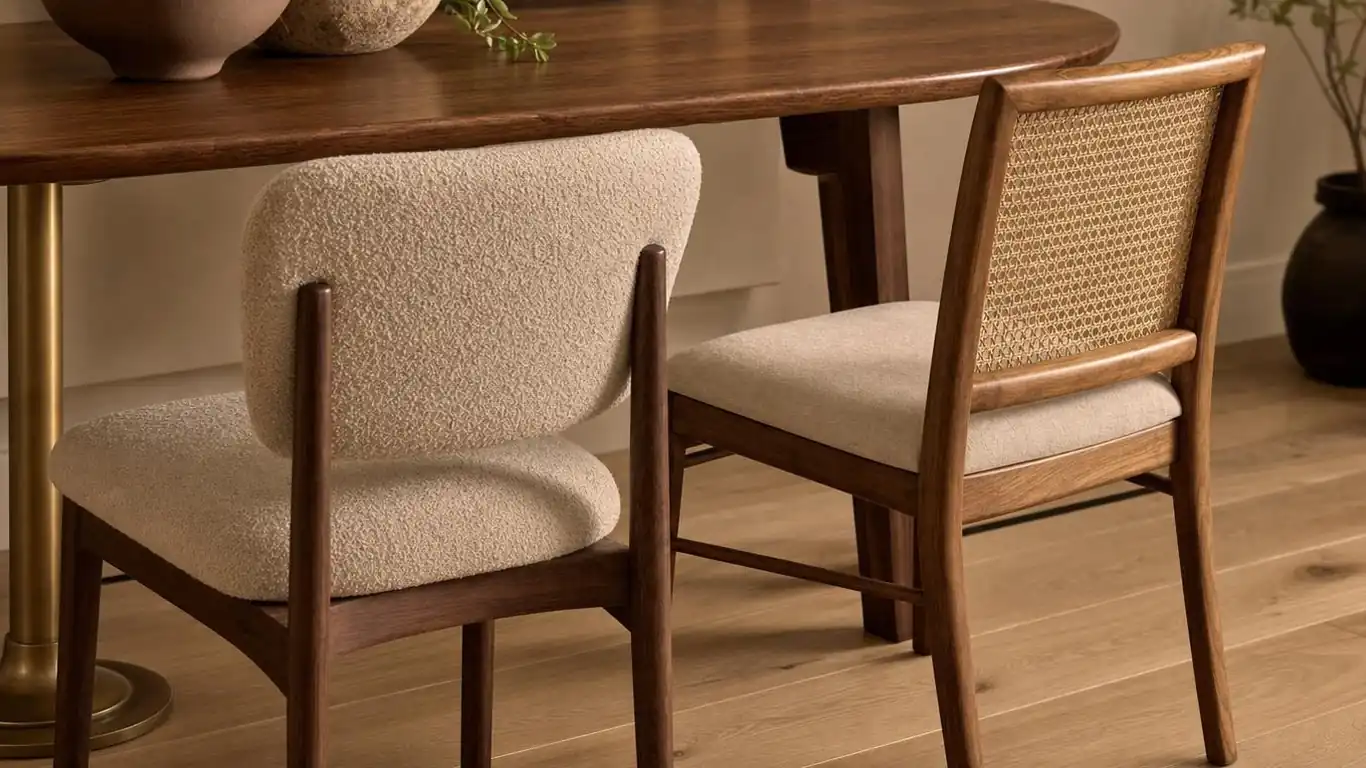 Mix-and-match dining chairs — boucle upholstered and rattan-back side chairs — around a walnut oval mid-century modern dining table