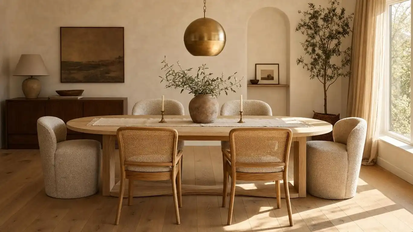 Mid-century modern oval dining table in ash wood with mix-and-match boucle and rattan chairs, warm cream walls and a brass pendant
