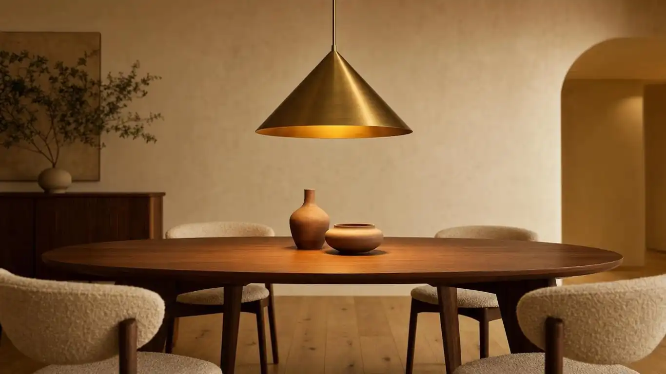 Contrasting example of an overly matched mid-century modern dining room set versus an edited warm minimal dining room