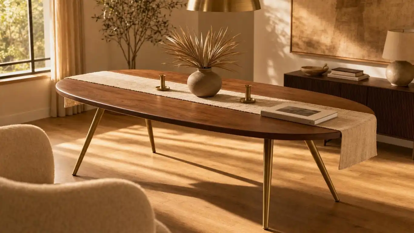 Mid-century modern dining table with splayed brushed brass legs, linen runner, ceramic vase, and warm afternoon light