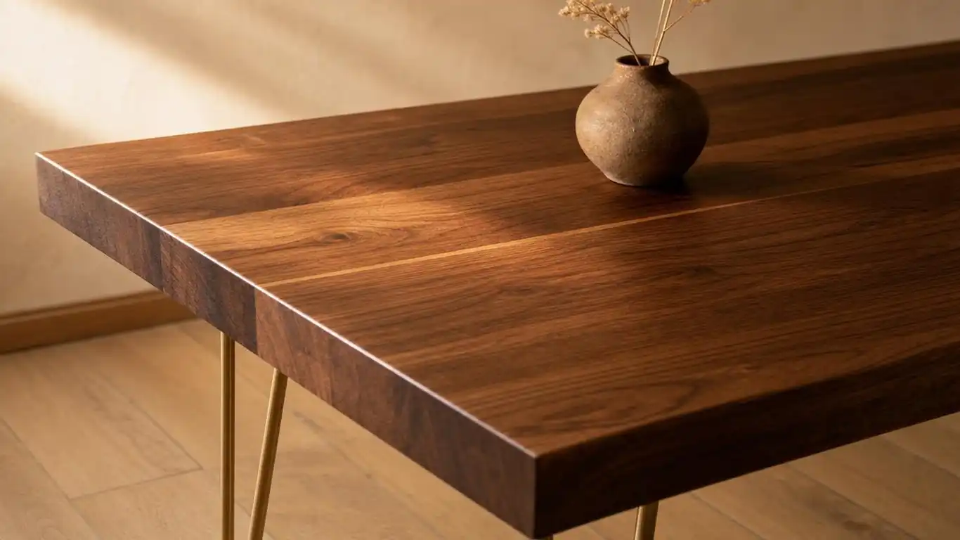 Close-up of a walnut mid-century modern dining table surface with oil finish, showing warm wood grain and brushed brass hairpin legs