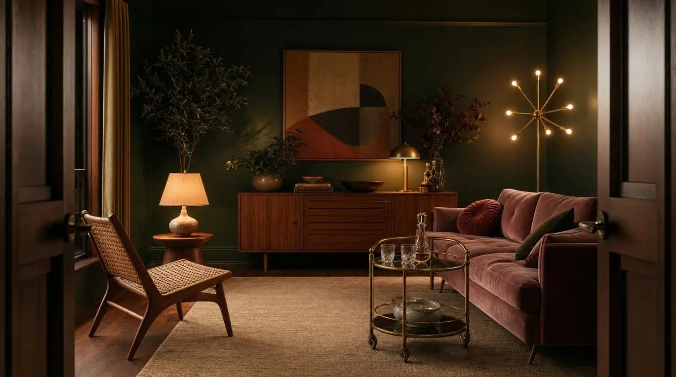Brass globe bar cart with smoked glass shelves beside a sputnik-inspired floor lamp in a moody mid-century modern living room