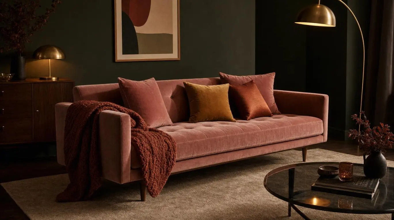 Tufted velvet sofa in dusty rose with ochre and burnt sienna cushions against deep charcoal mid-century modern living room walls