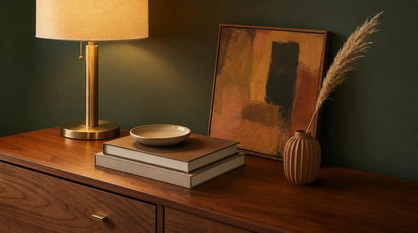 Styled walnut credenza with brushed brass table lamp, ceramic vessels, and art books against a dark charcoal living room wall