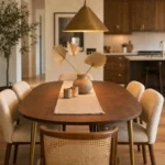 Oval walnut mid-century modern dining table with tapered matte brass legs, boucle chairs, and warm ambient lighting in an open-plan dining room