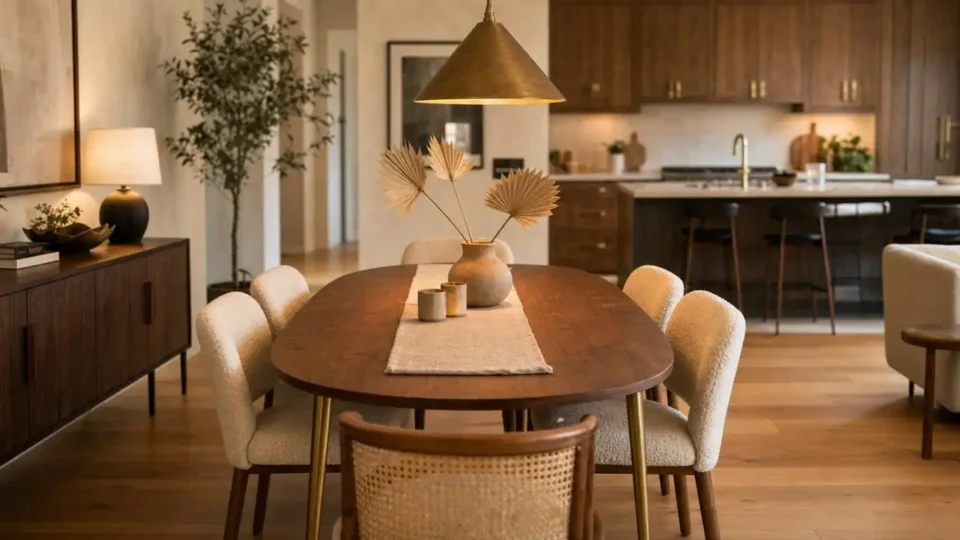 Oval walnut mid-century modern dining table with tapered matte brass legs, boucle chairs, and warm ambient lighting in an open-plan dining room