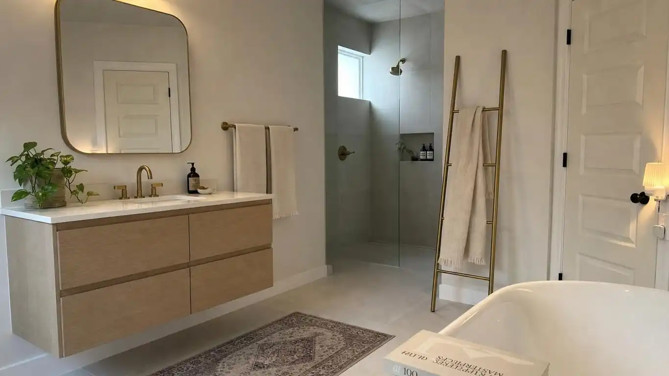 Minimalist bathroom showing brushed brass fixtures, natural oak vanity, and matching metal finish towel bar as a cohesive set